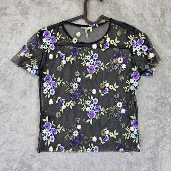 Kimchi Blue Shirt Womens XS Black Mesh Sheer Floral Embroidered Short Sleeve - Picture 10 of 10